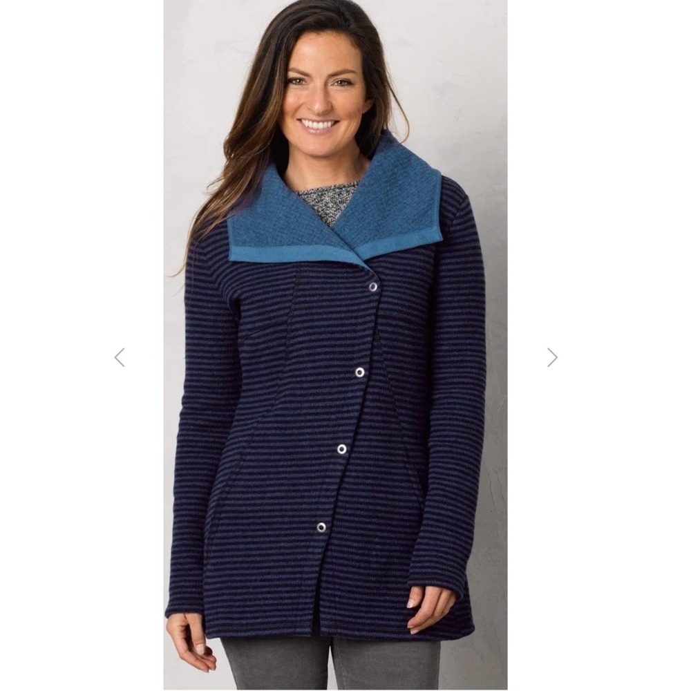 prAna Jacket XL Indigo Milana Wool Blend Striped Asymmetric Snap Front Hooded